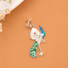 Blue Enamel Murugan Peacock Silver Pendant