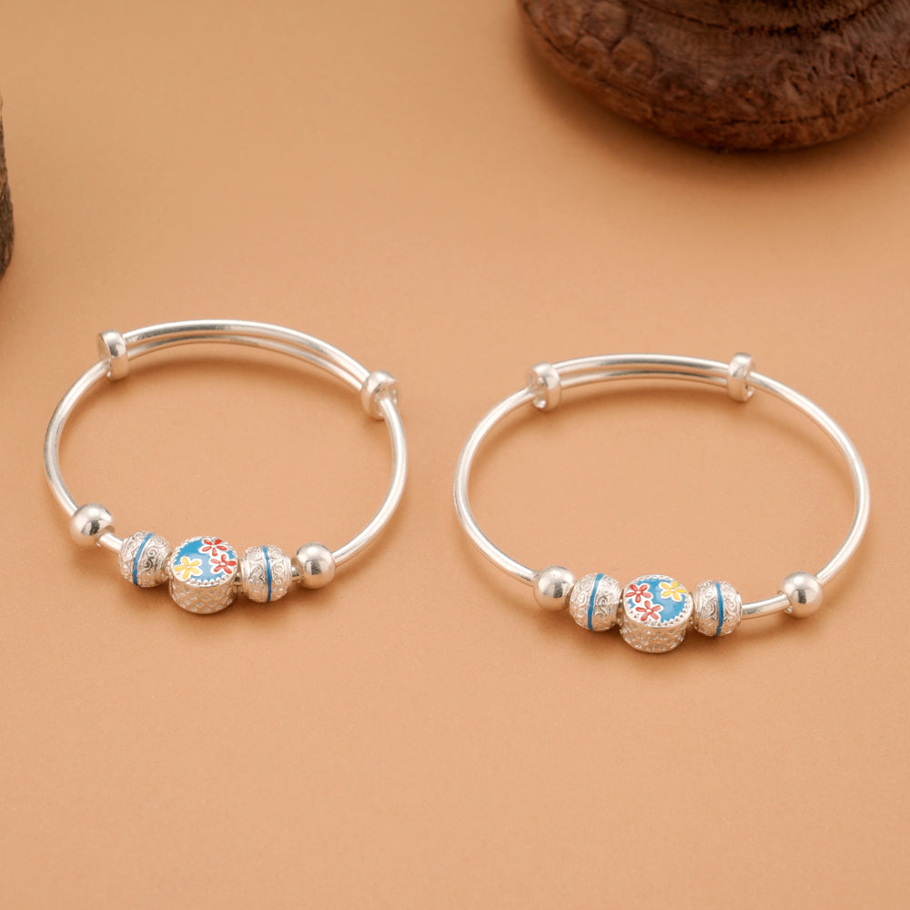 Floral Enamel Bead Silver Baby Bangle