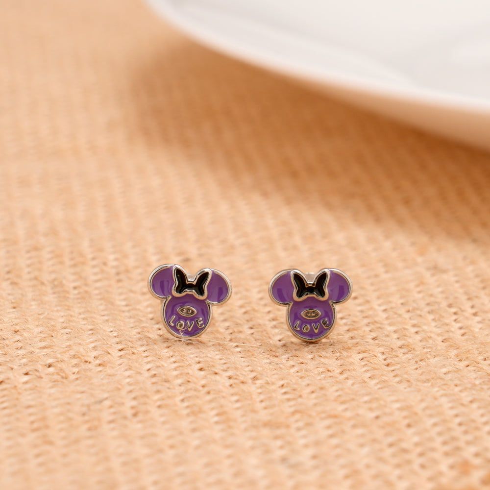 Purple Love Mouse Cartoon Silver Stud