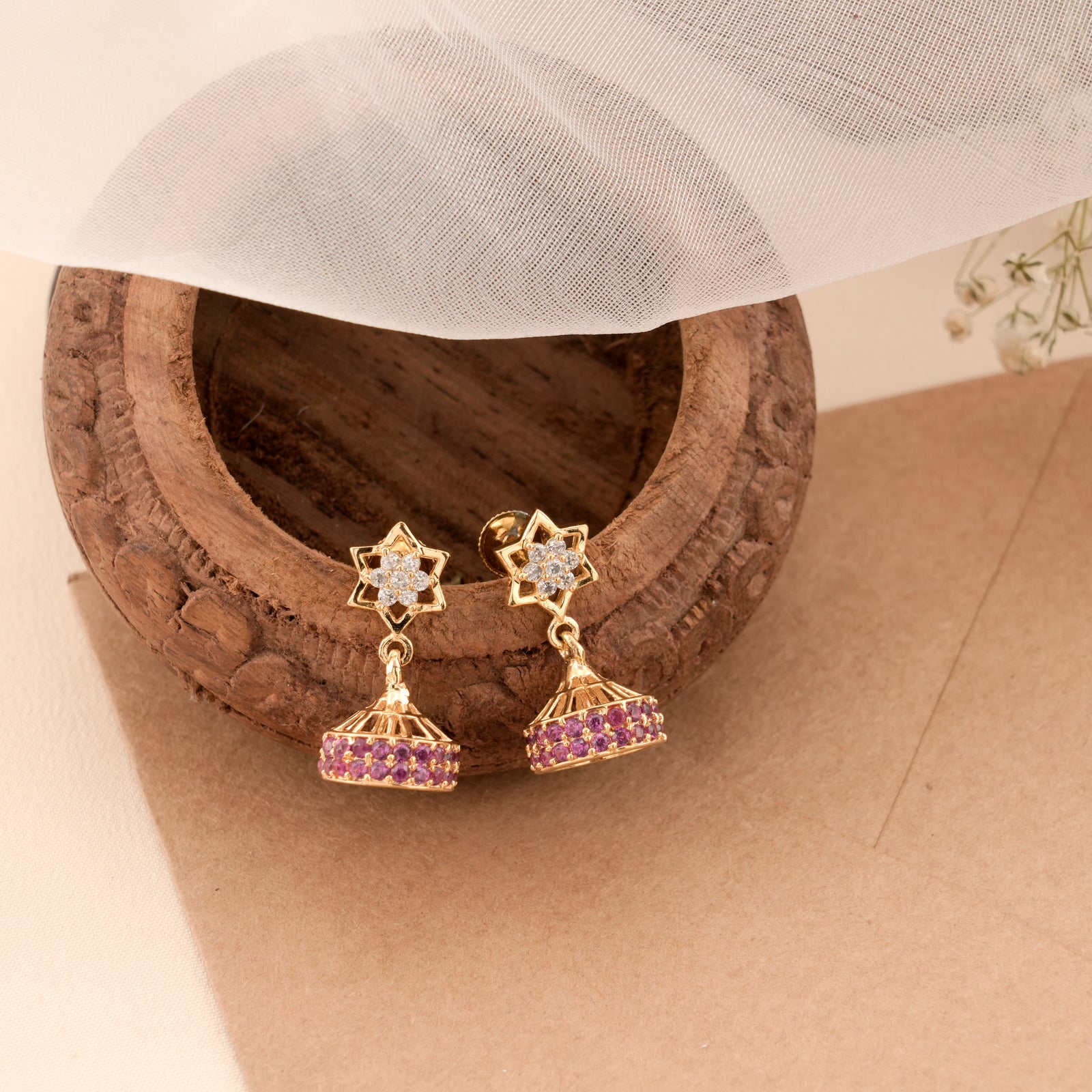 Ruby Stone Heritage Floral Silver Jhumkas