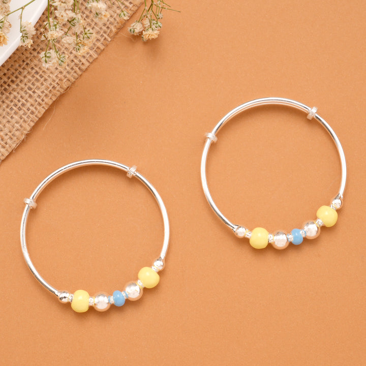 Yellow & Sky-Blue Bead Baby Silver Bangle