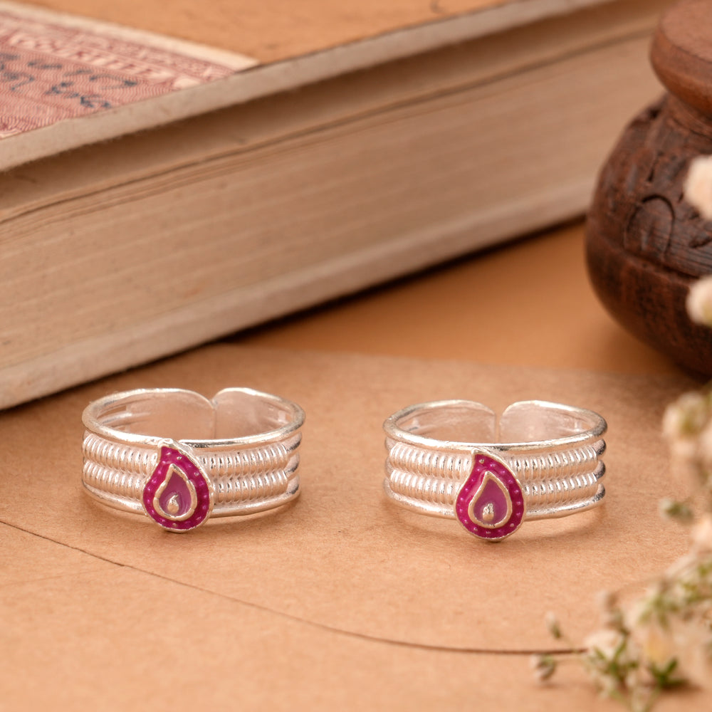 Pink Leaf Enamel Silver Toe Ring