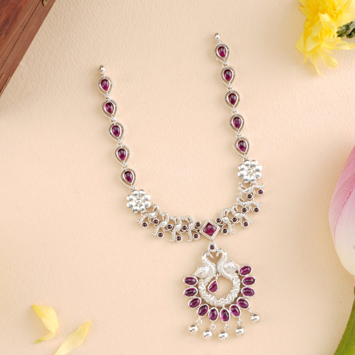 Ruby Stone Peacock Sterling Silver Necklace