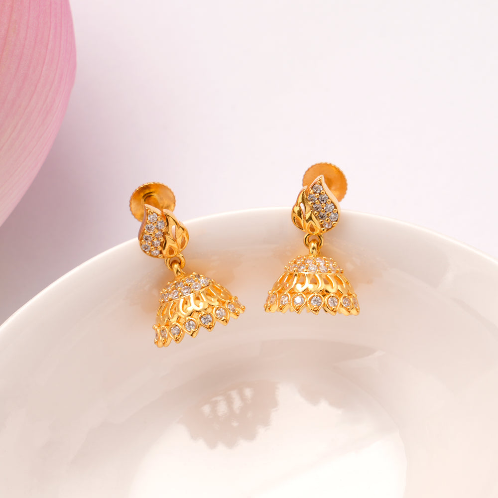 Floral Pattern White Stone Golden Jhumkas