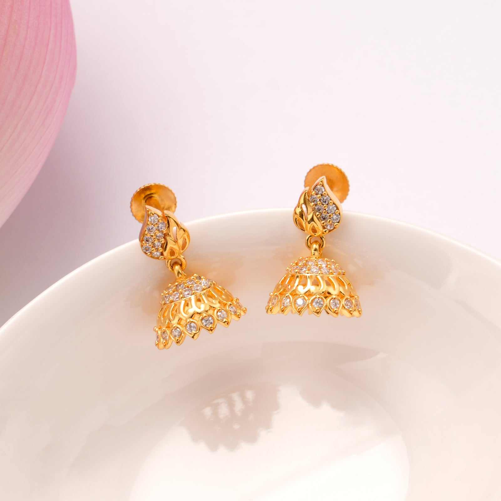 Floral Pattern White Stone Golden Jhumkas