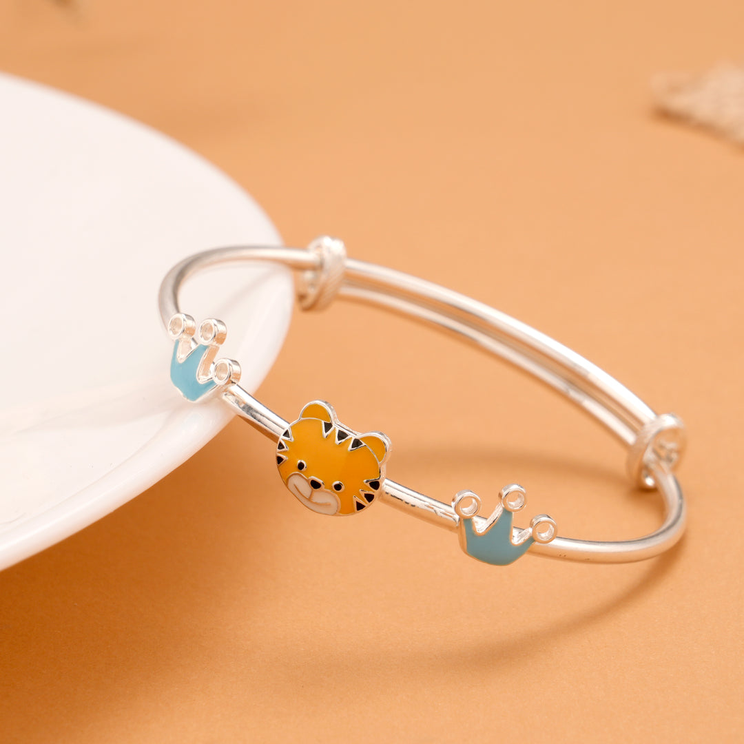 Charming Tiger and Crown Silver Baby Bangle