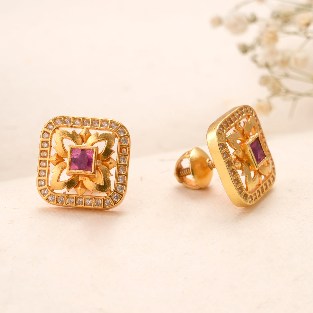 Square Shape Floral Ruby Kundan Stud