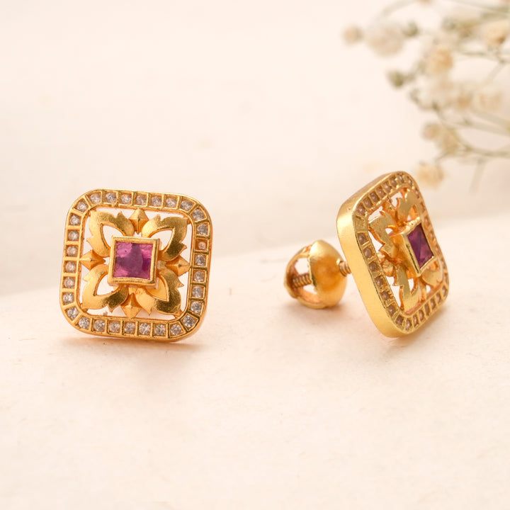 Square Shape Floral Ruby Kundan Stud