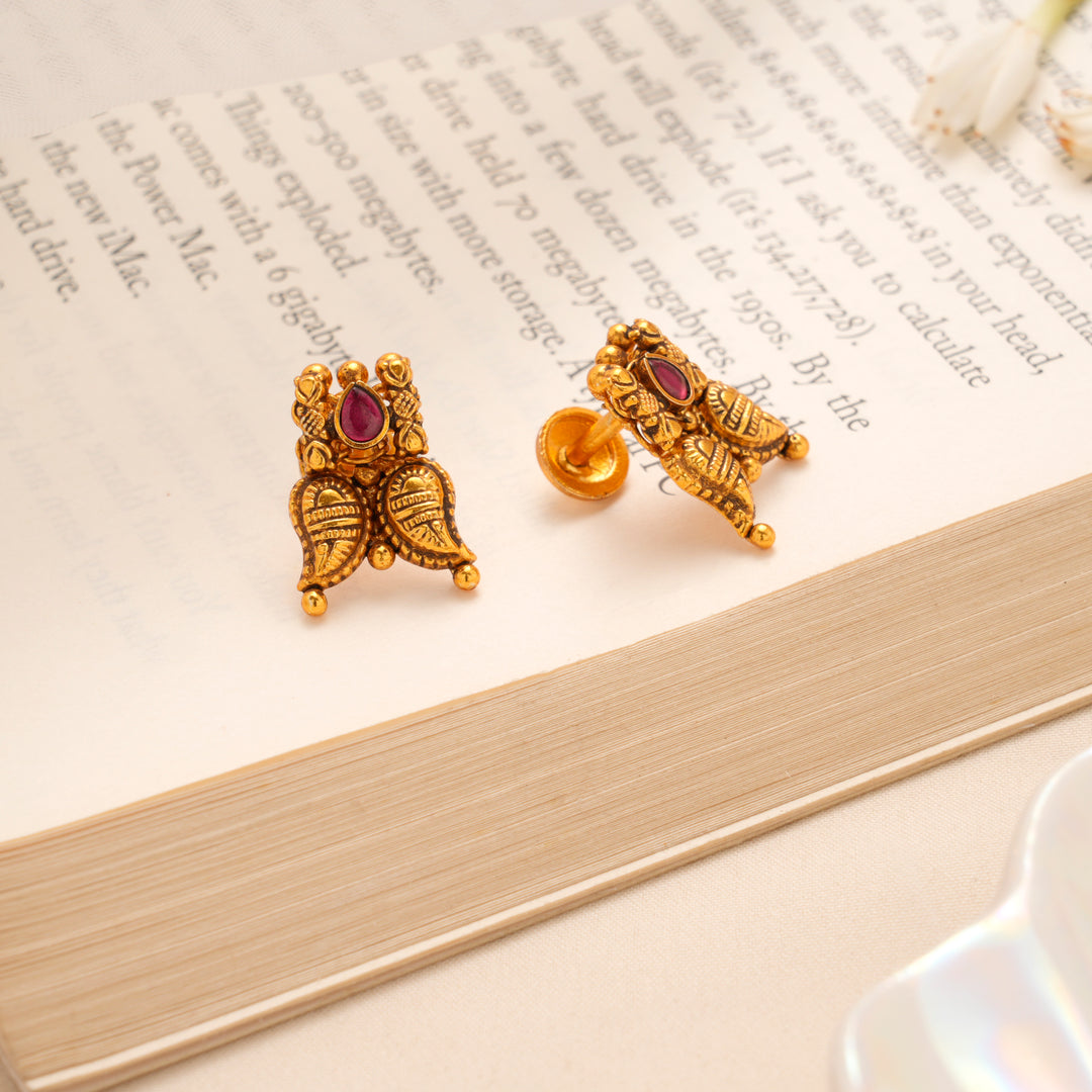 Ruby Floral Leaf Designer Golden Stud