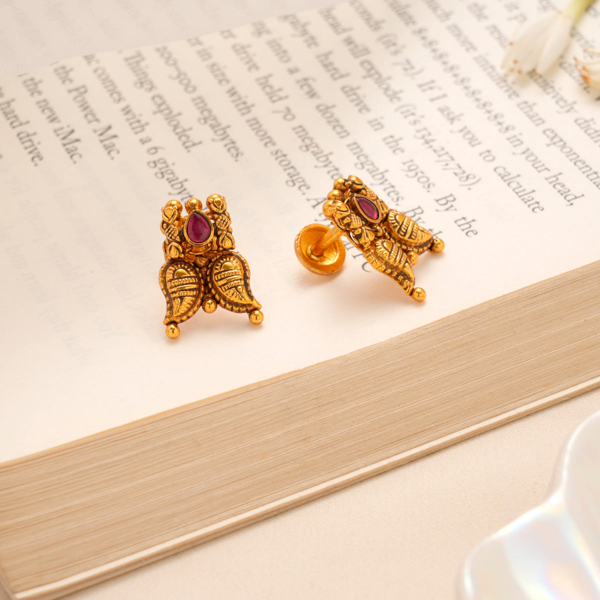 Ruby Floral Leaf Designer Golden Stud