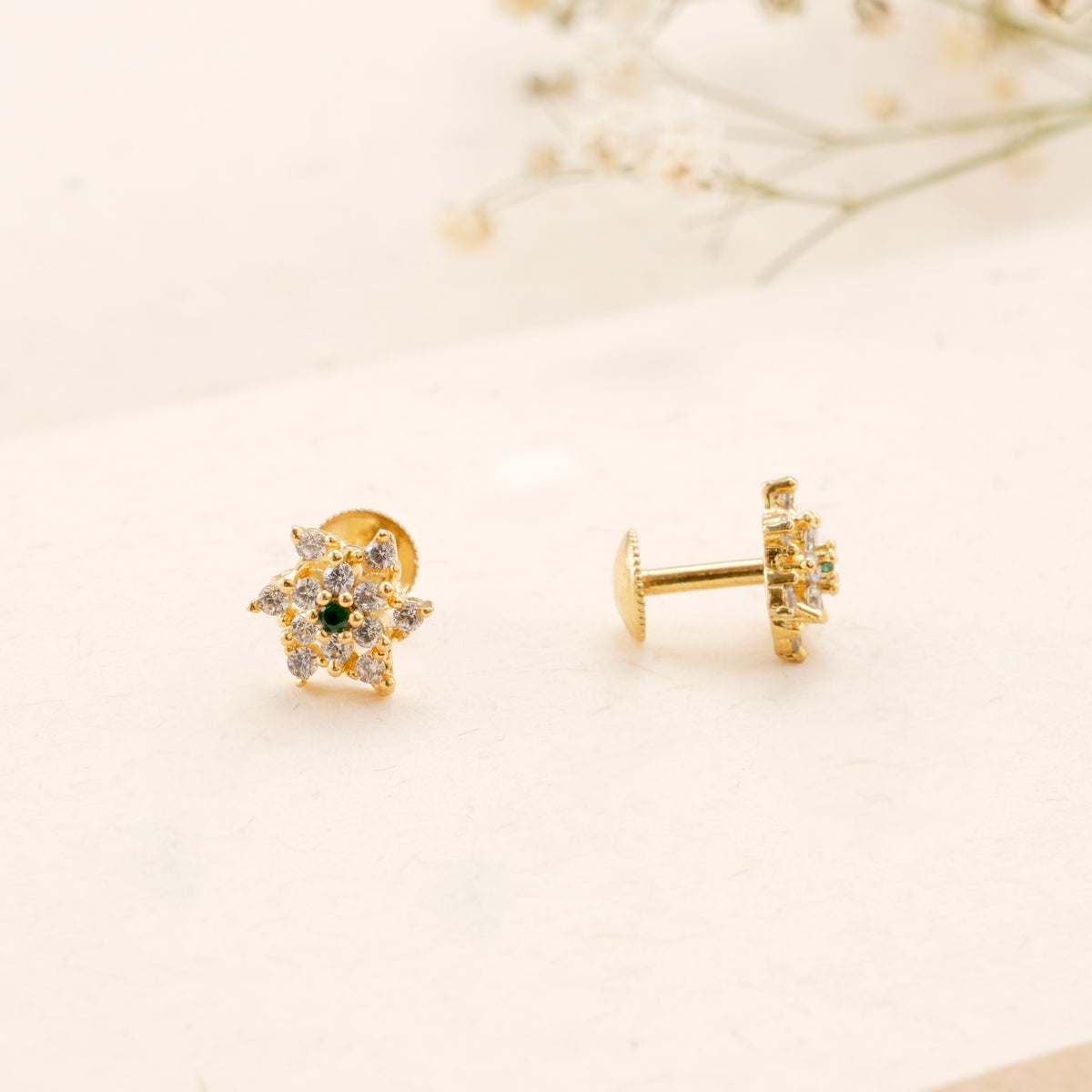Emerald Flower White Stone Kundan Golden Stud