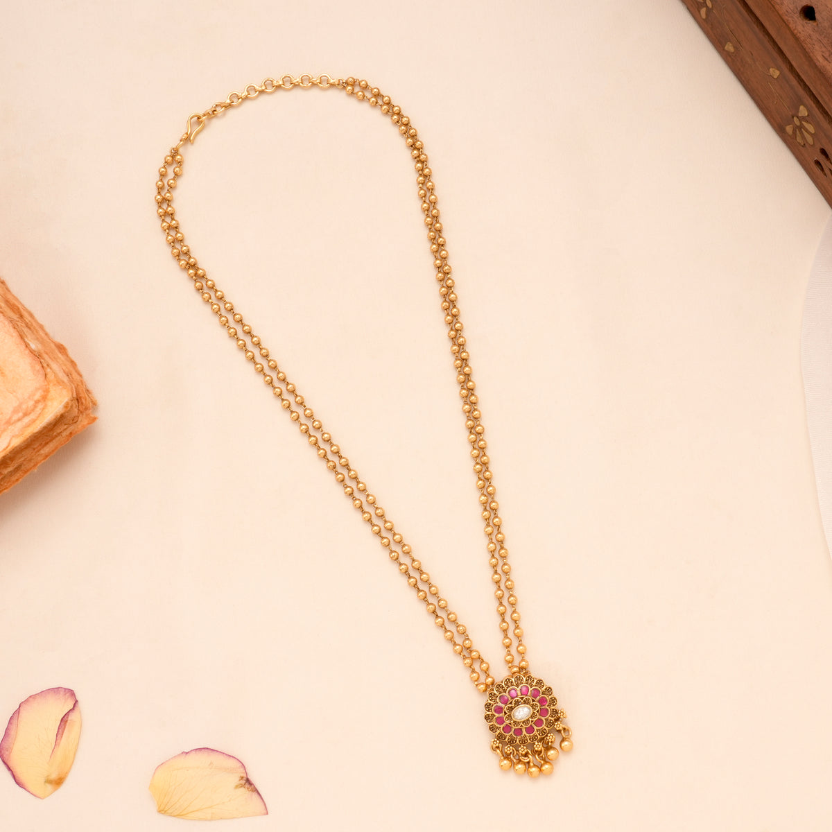 Elegant Floral Dual Layer with Golden Balls Necklace Set