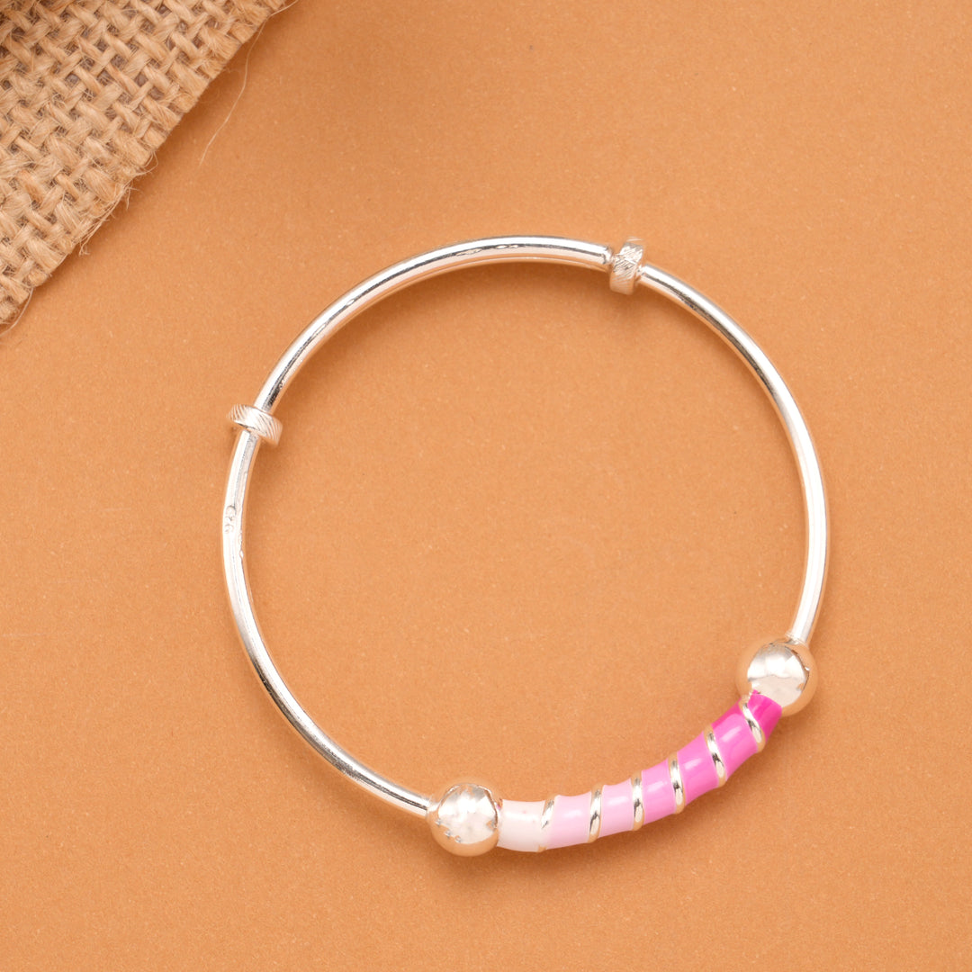 Pink Enamel Tube Bead Baby Silver Bangle