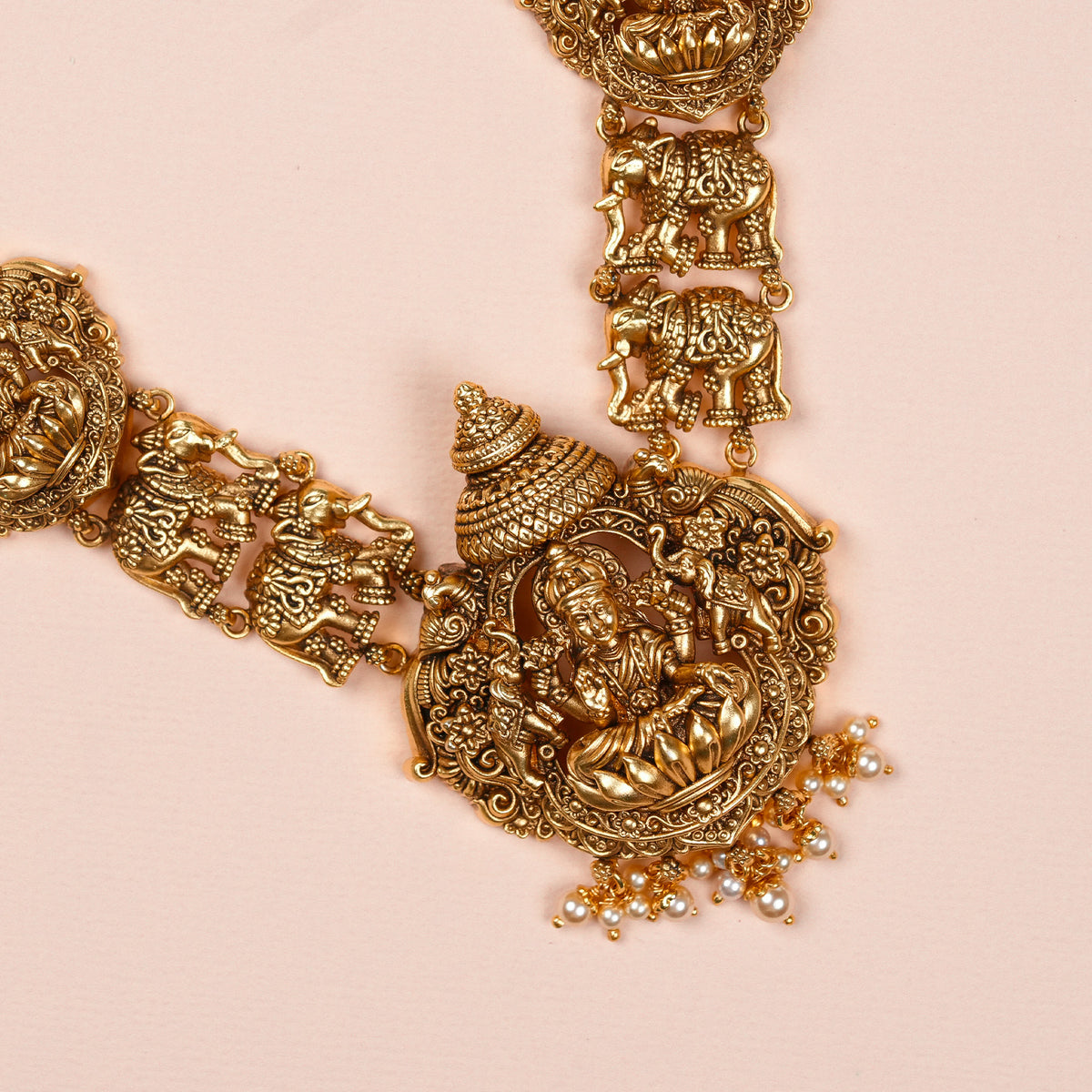 Antique Lakshmi Haram with Green Stones and Elephant Motifs