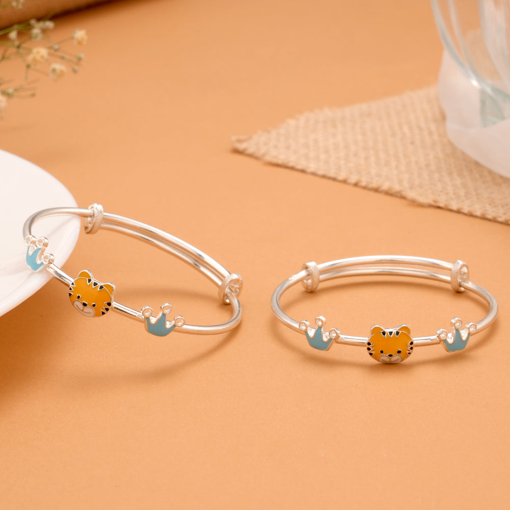 Charming Tiger and Crown Silver Baby Bangle