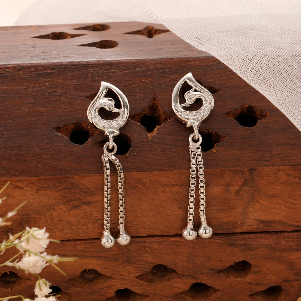 Peacock Double Chain Drop Silver Earring