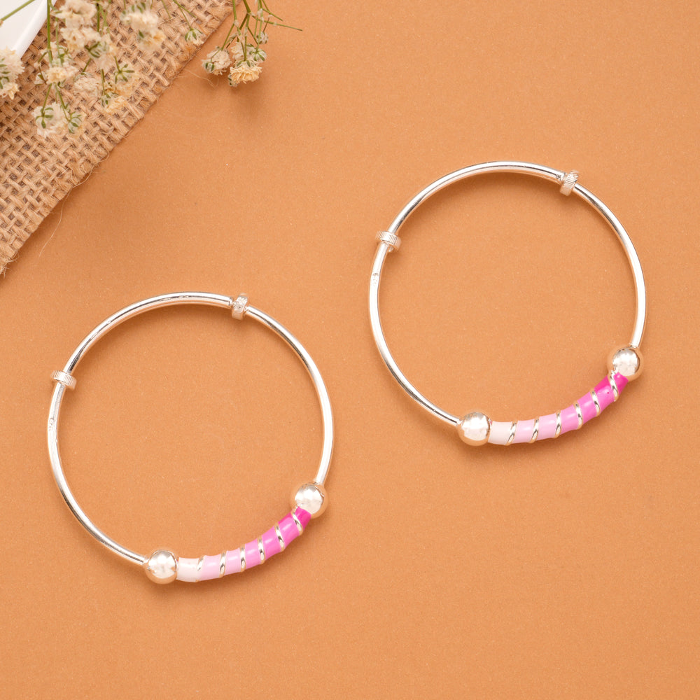 Pink Enamel Tube Bead Baby Silver Bangle