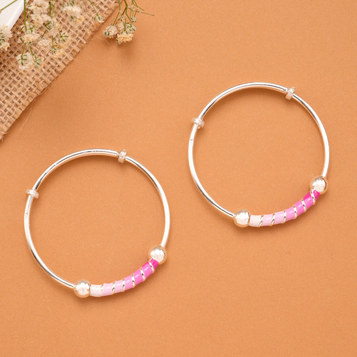 Pink Enamel Tube Bead Baby Silver Bangle