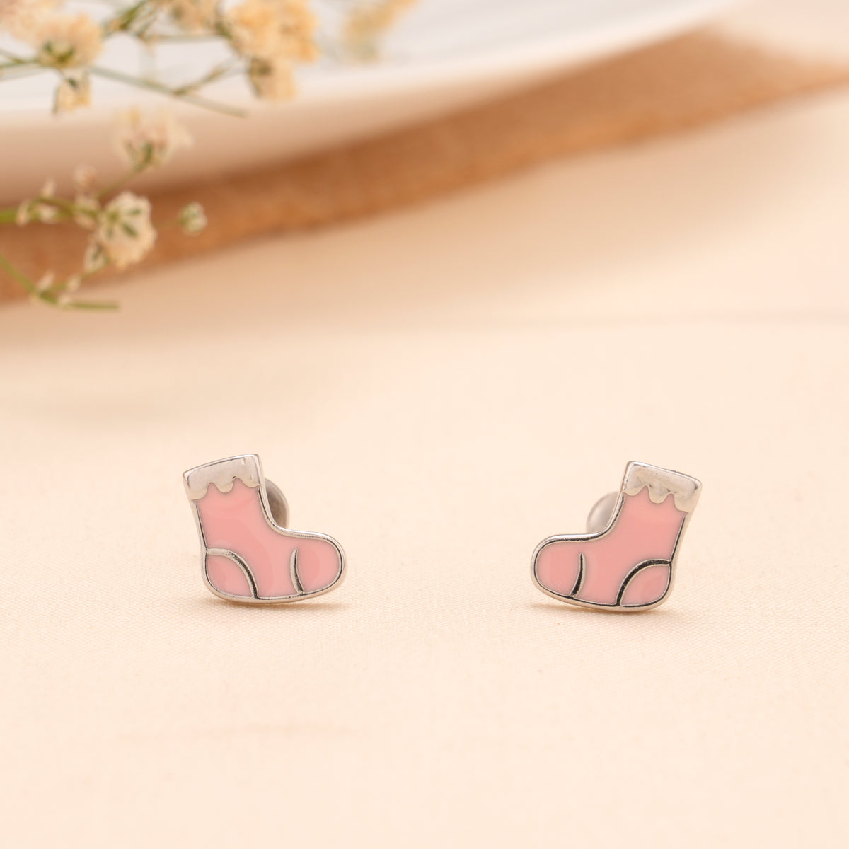 Silver Pink Baby Socks Design Stud Earring