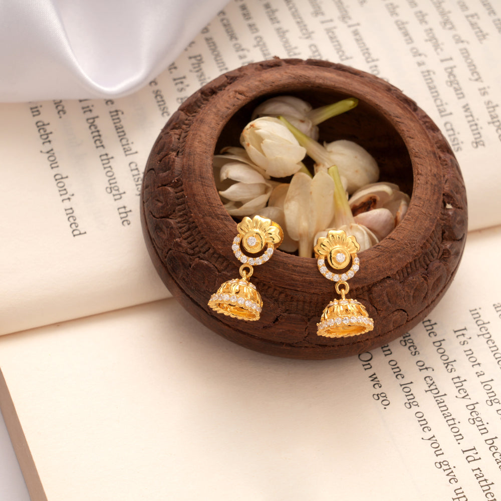 Tri Leaf Design Stone Golden Jhumkas
