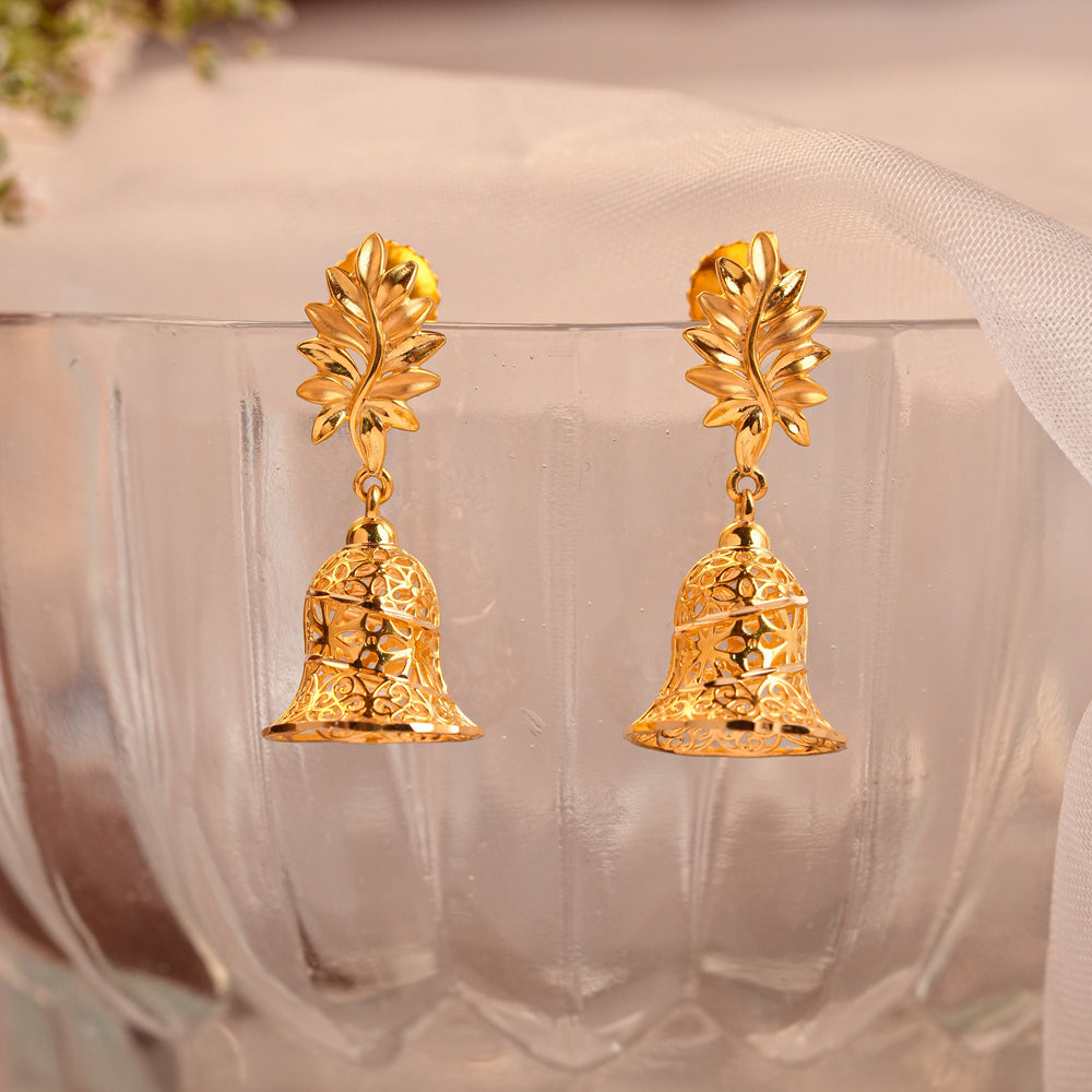 Gold Jhumka Earrings with Leaf Top and Bell Drop