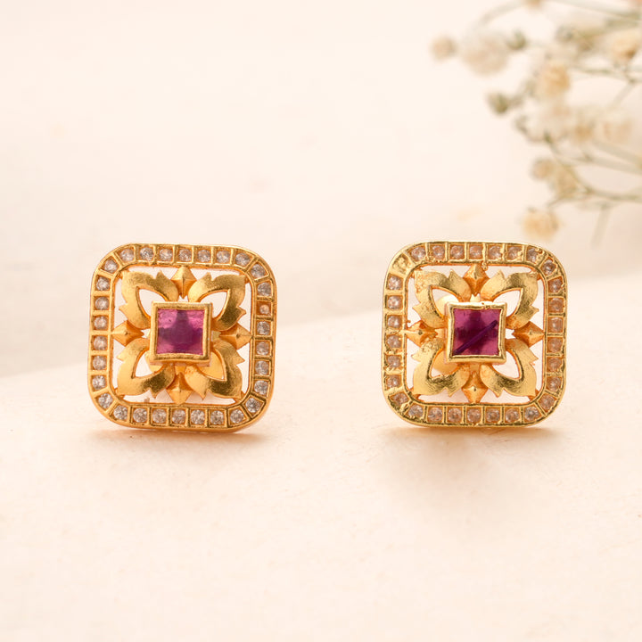 Square Shape Floral Ruby Kundan Stud