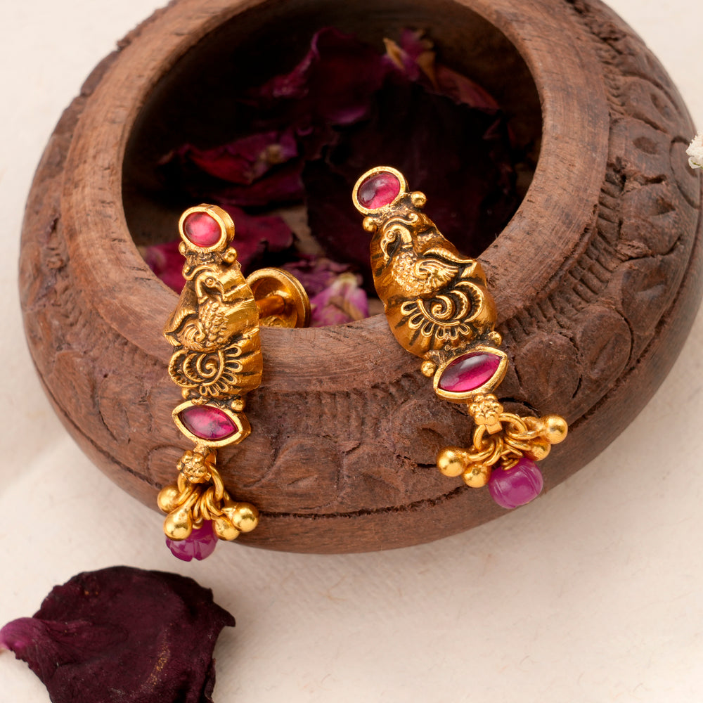 Antique Ruby Peacock Golden Drop Earring