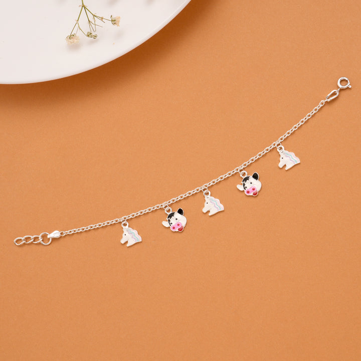 Tiny Unicorn Cow Enamel Silver Baby Bracelet