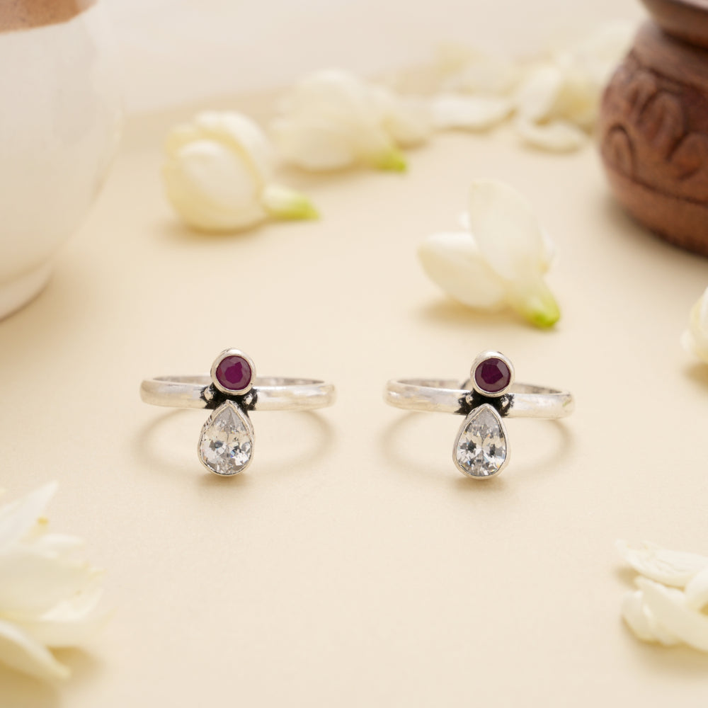 Minimal Ruby Drop Silver Toe Ring