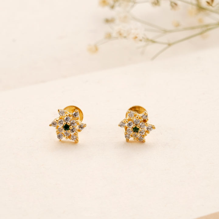 Emerald Flower White Stone Kundan Golden Stud