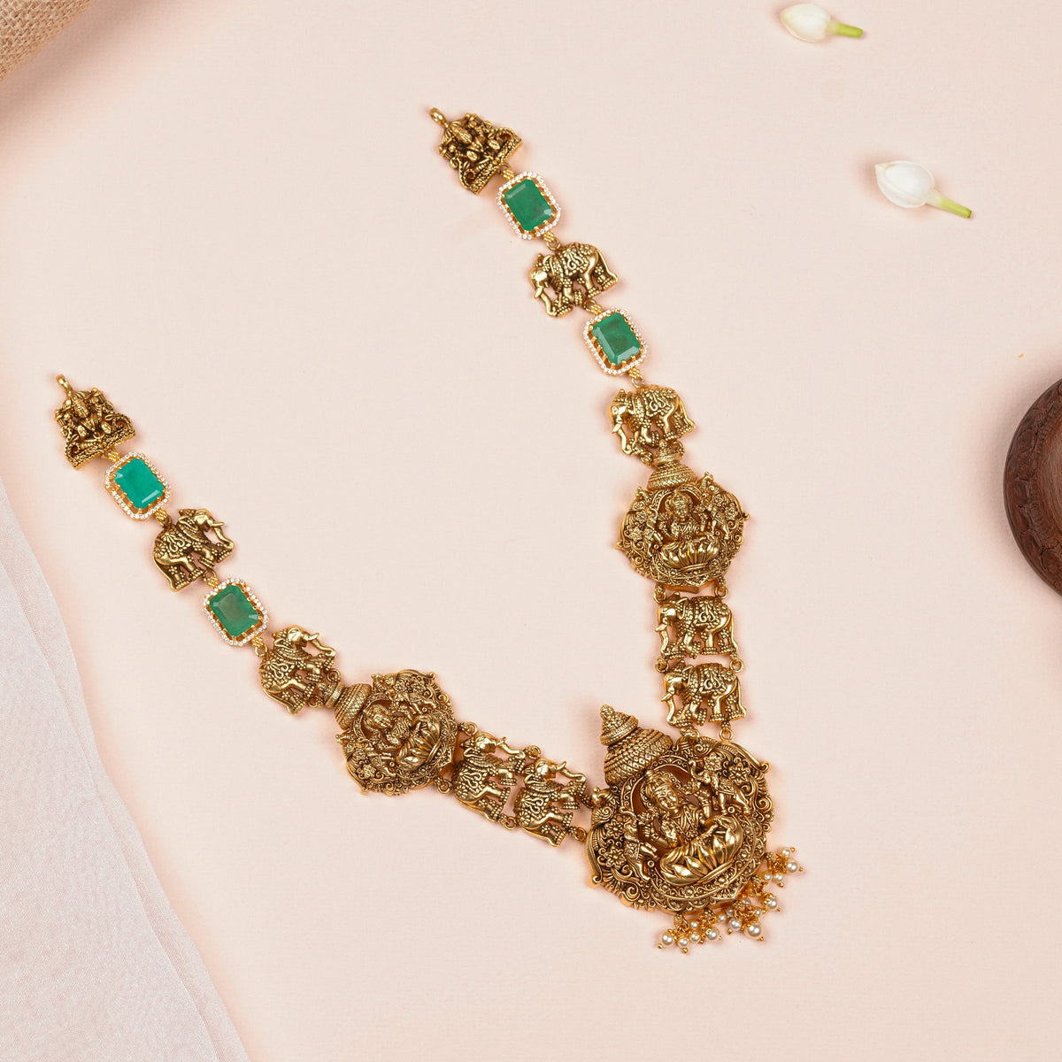 Antique Lakshmi Haram with Green Stones and Elephant Motifs