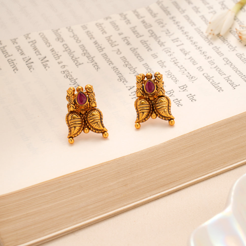 Ruby Floral Leaf Designer Golden Stud