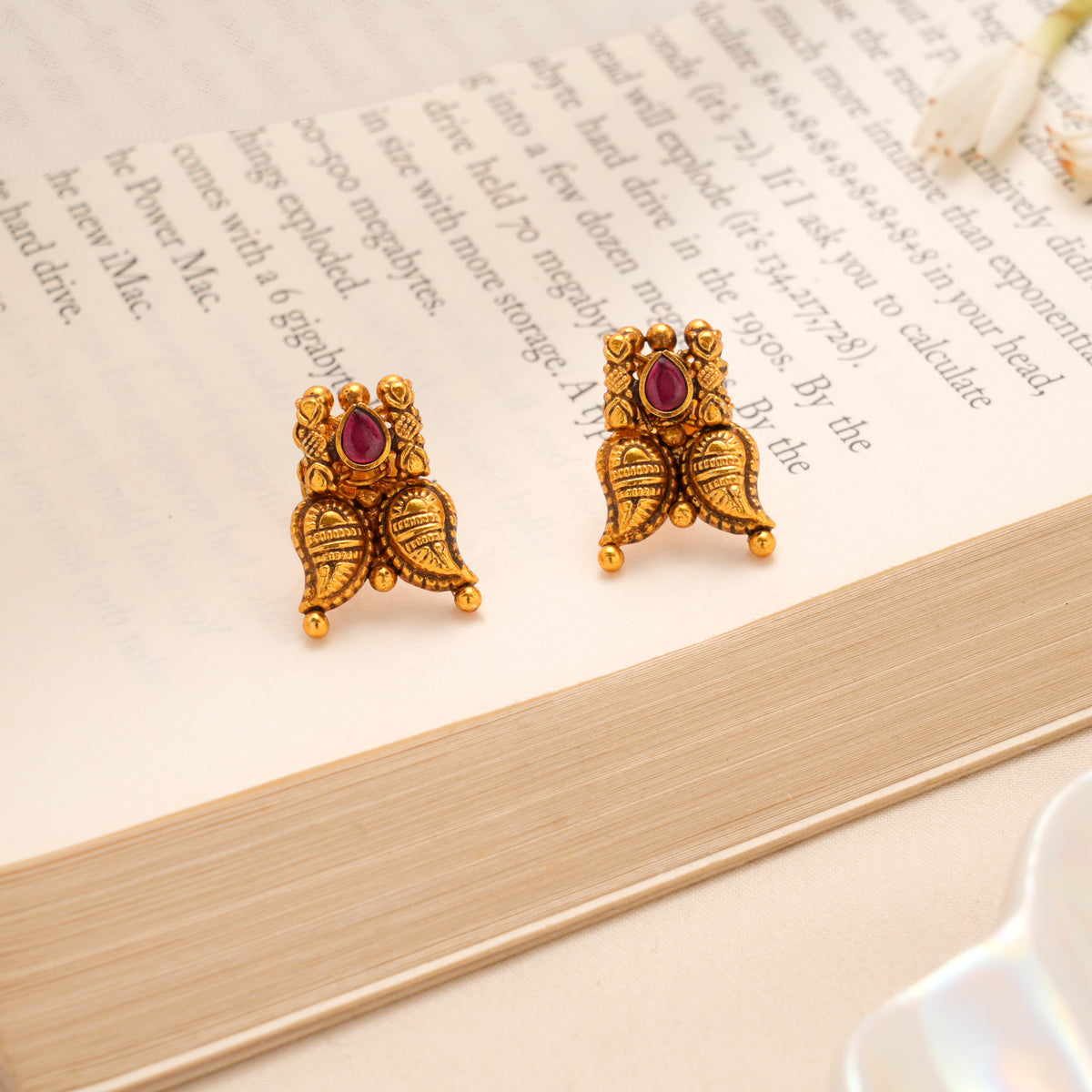 Ruby Floral Leaf Designer Golden Stud