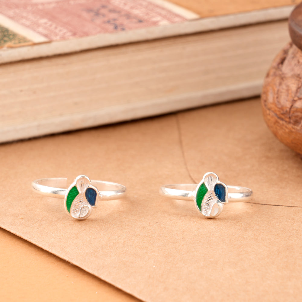 Leaf Design Blue Green Enamel Silver Toe Ring
