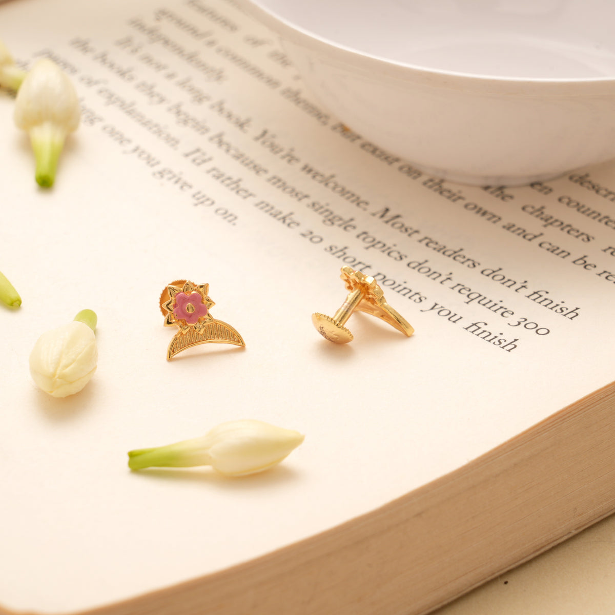 Crescent Shape Floral Design Golden Stud