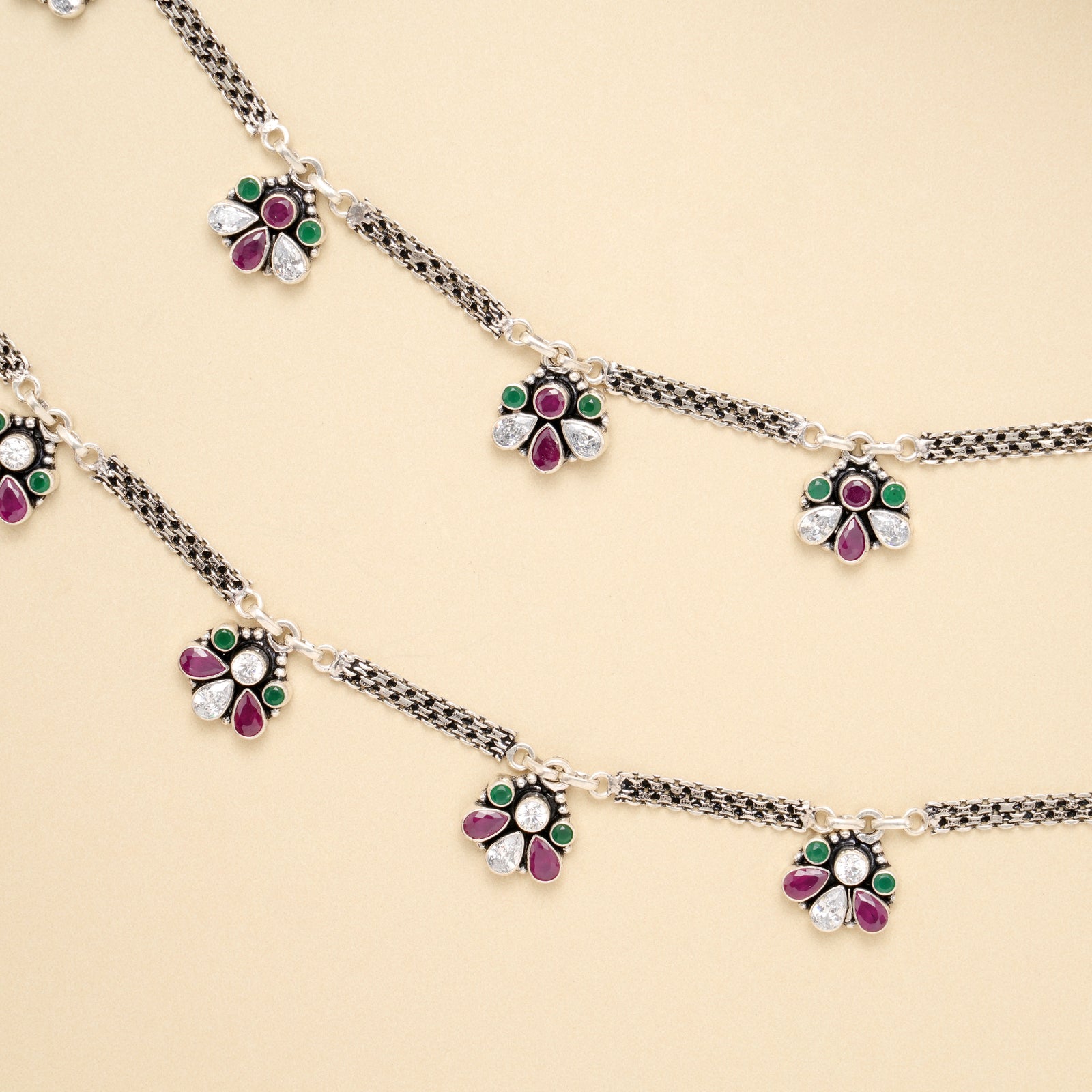 Ruby Emerald Floral Drop Anklet