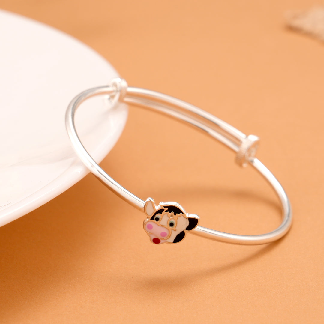 Cute Cow Enamel Silver Baby Bangle