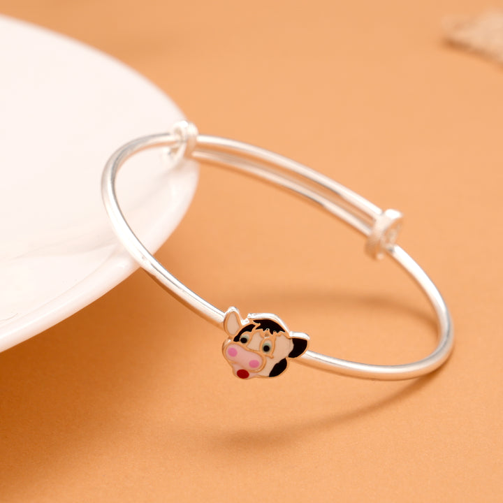 Cute Cow Enamel Silver Baby Bangle