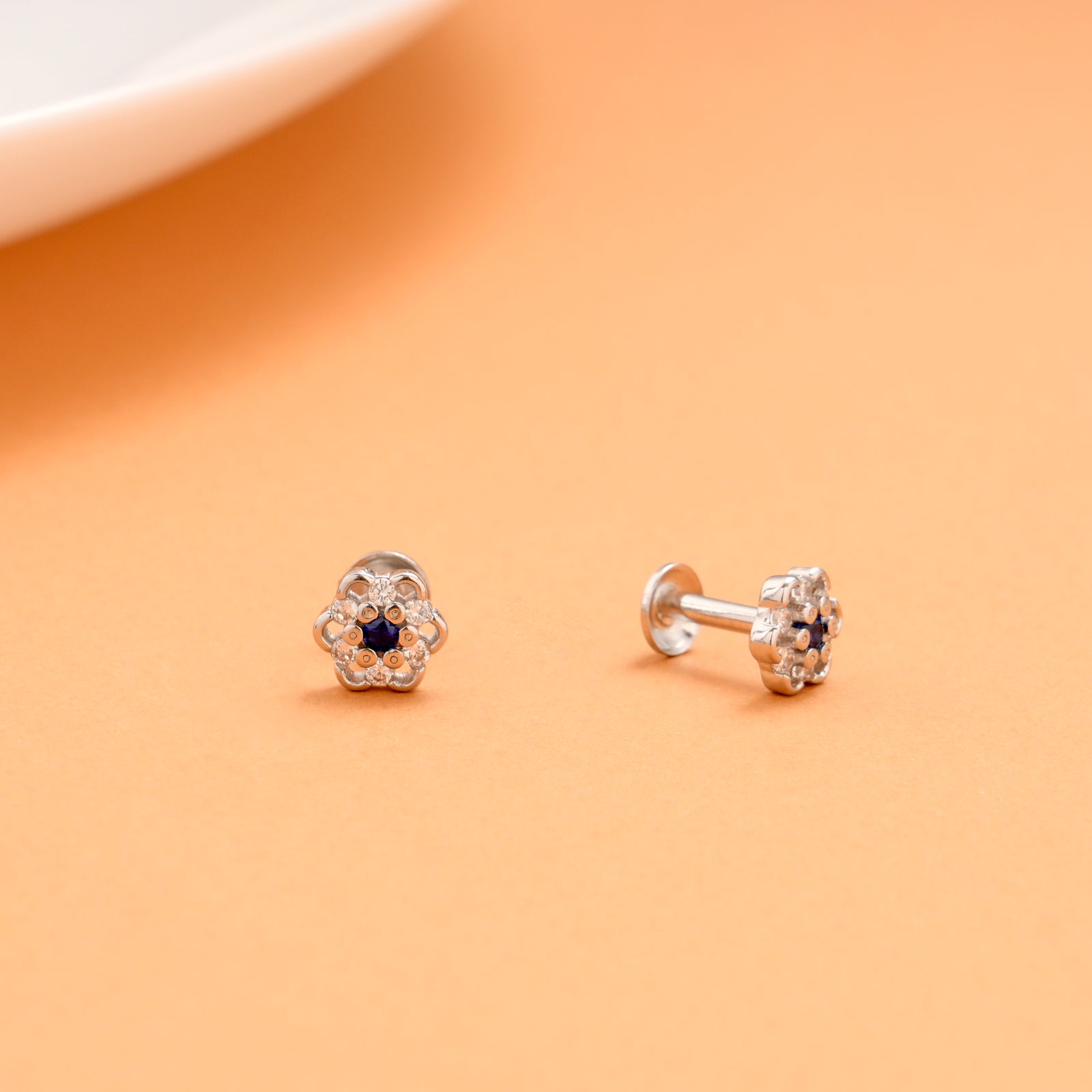 Dark Blue Colour with White Stone Blossom Silver Stud