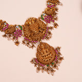 Antique Peacock Design Haram with Pink and Green Stones