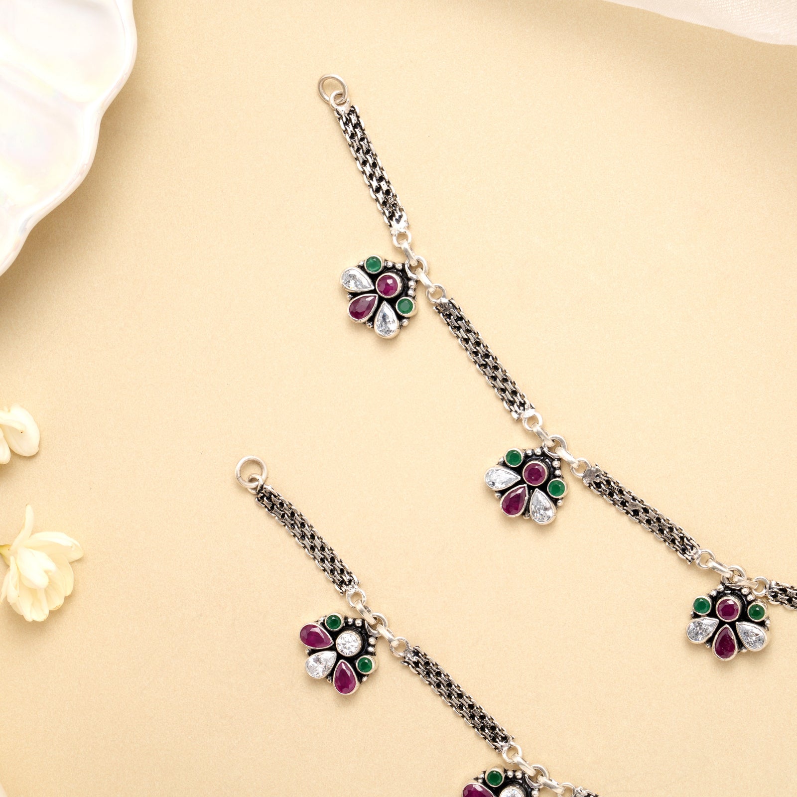 Ruby Emerald Floral Drop Anklet