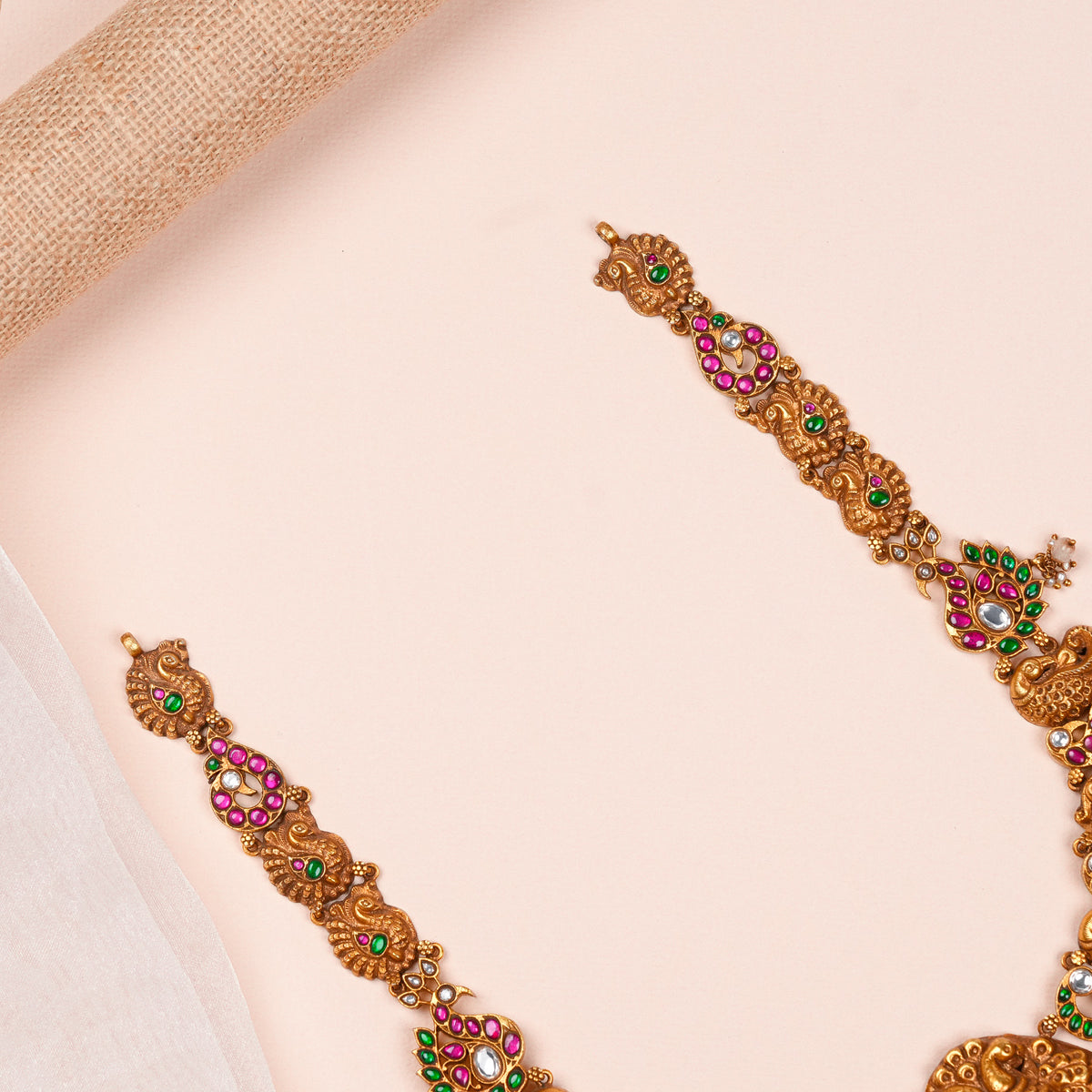 Antique Peacock Design Haram with Pink and Green Stones