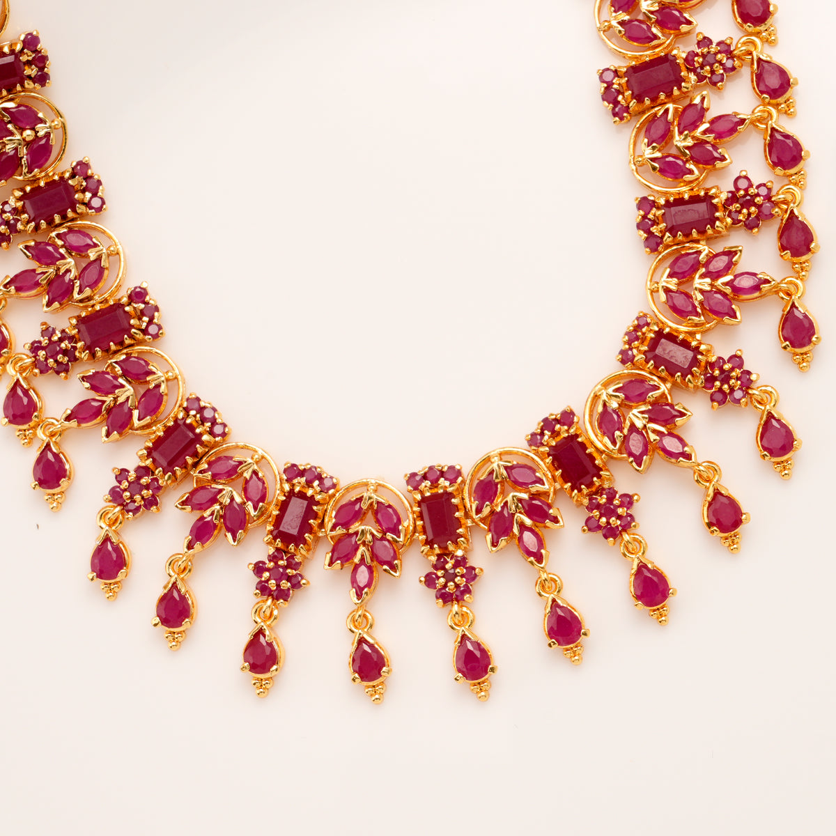 Grand Ruby Leaf Bridal Silver Necklace Set