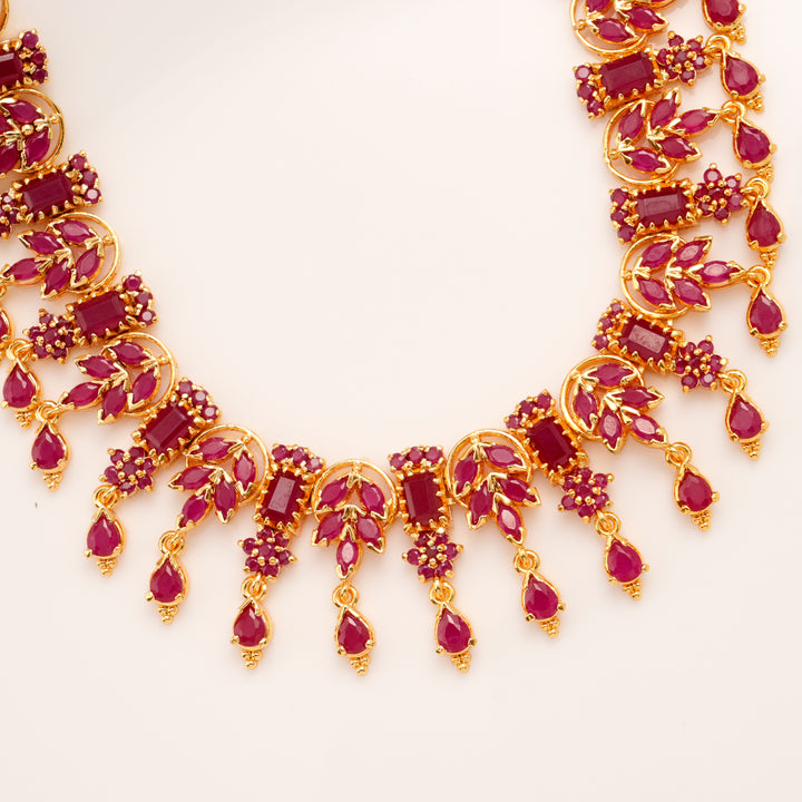 Grand Ruby Leaf Bridal Silver Necklace Set