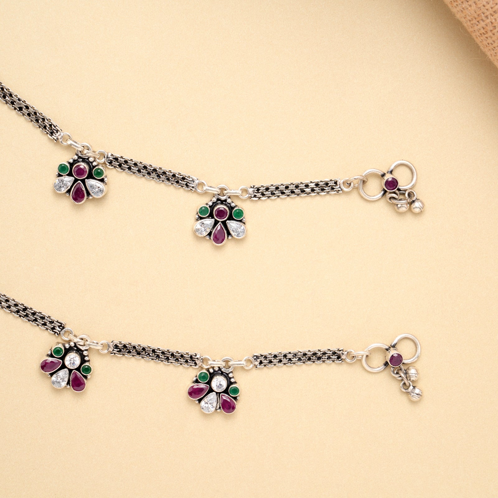 Ruby Emerald Floral Drop Anklet