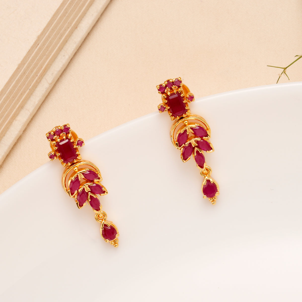 Grand Ruby Leaf Bridal Silver Necklace Set