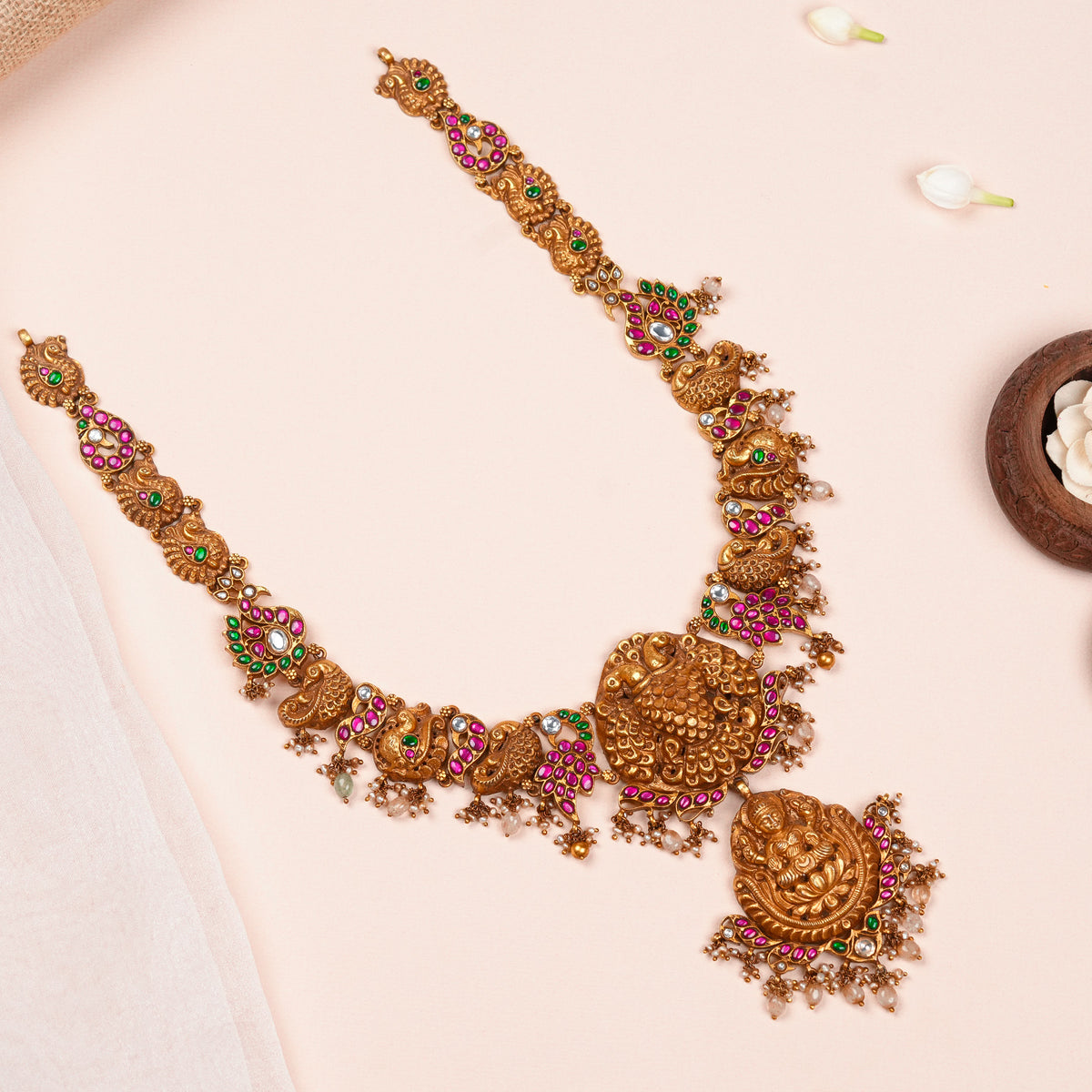 Antique Peacock Design Haram with Pink and Green Stones