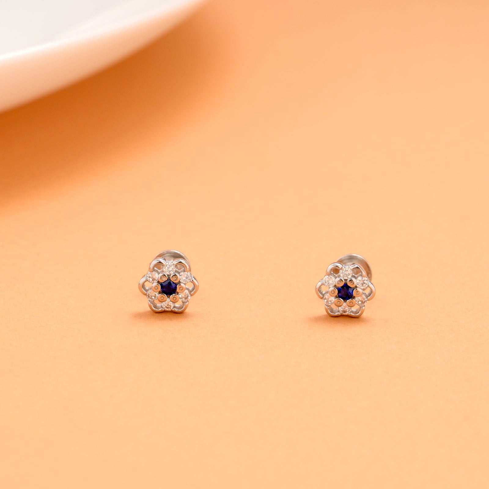 Dark Blue Colour with White Stone Blossom Silver Stud