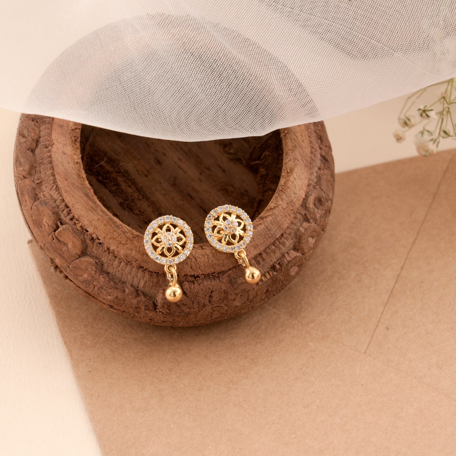 Round Blossom Golden Drop Silver Earrings