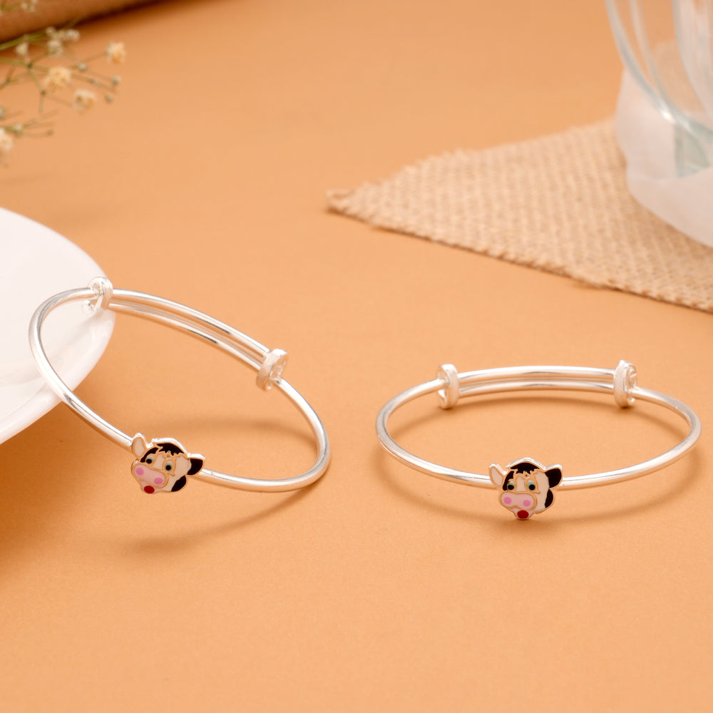 Cute Cow Enamel Silver Baby Bangle